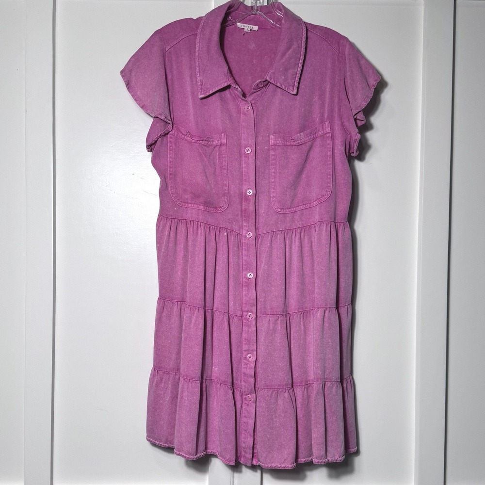 Jodifl Pink Acid Wash Tiered Mini Dress Button Front Flutter Sleeve B21842 Small - Picture 2 of 7